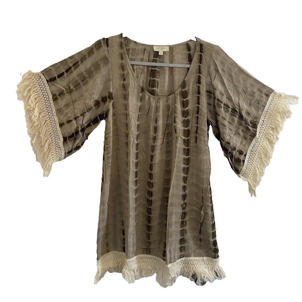 Umgee Womens Top S Boho U-Neck Relaxed Fit Poncho Brown Black Tie-Dye Fringed